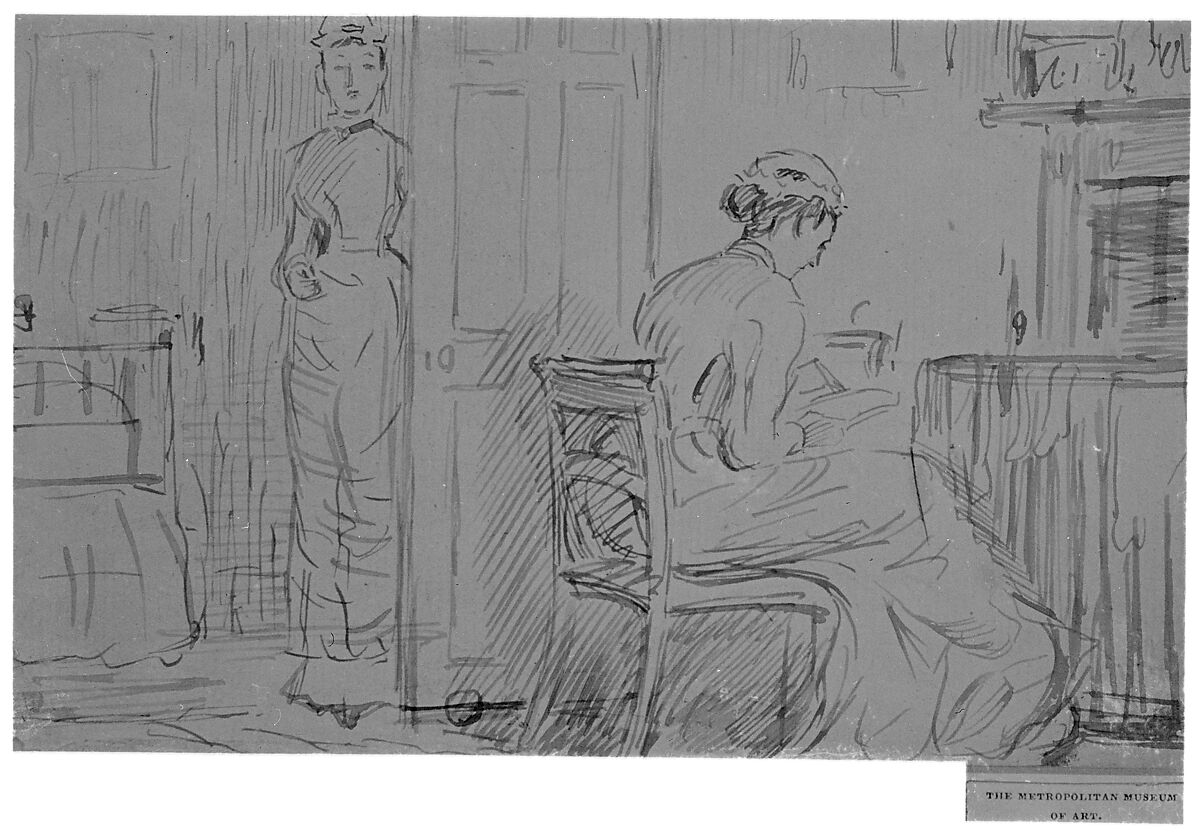 Two Nursemaids, Charles Samuel Keene (British, Hornsey, Middlesex 1823–1891 London), Pen and brown ink, brush and wash