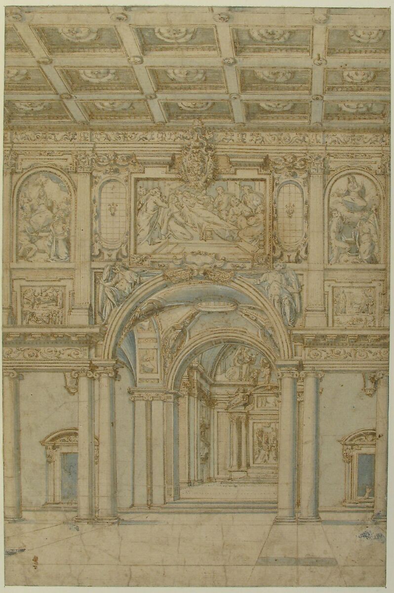 Study of the Interior of Santa Maria Maggiore in Rome, Abbate Paolo de Angelis (Italian, 1580–1647), Pen and brown ink, brush with gray and blue wash, over traces of graphite, highlighted with white gouache