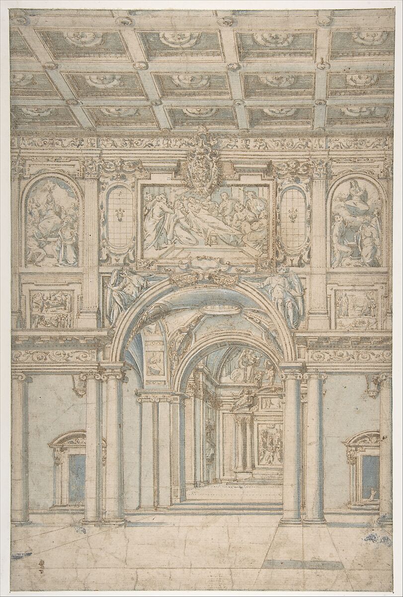 Study of the Interior of Santa Maria Maggiore in Rome, Abbate Paolo de Angelis (Italian, 1580–1647), Pen and brown ink, brush with gray and blue wash, over traces of graphite, highlighted with white gouache 