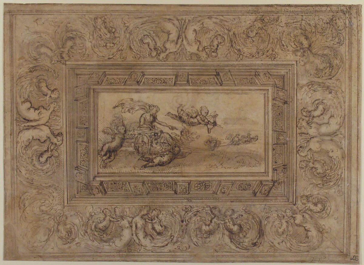 Design for a Ceiling with a Woman (Aurora?) in a Chariot and Putti (Recto). Design for an Ornamental Frieze (Verso)., Marco Angolo del Moro (Italian, Verona (?) ca. 1537–after 1586), Pen and brown ink, brush and wash over traces of black chalk or graphite (recto); pen and brown ink over red chalk (verso)