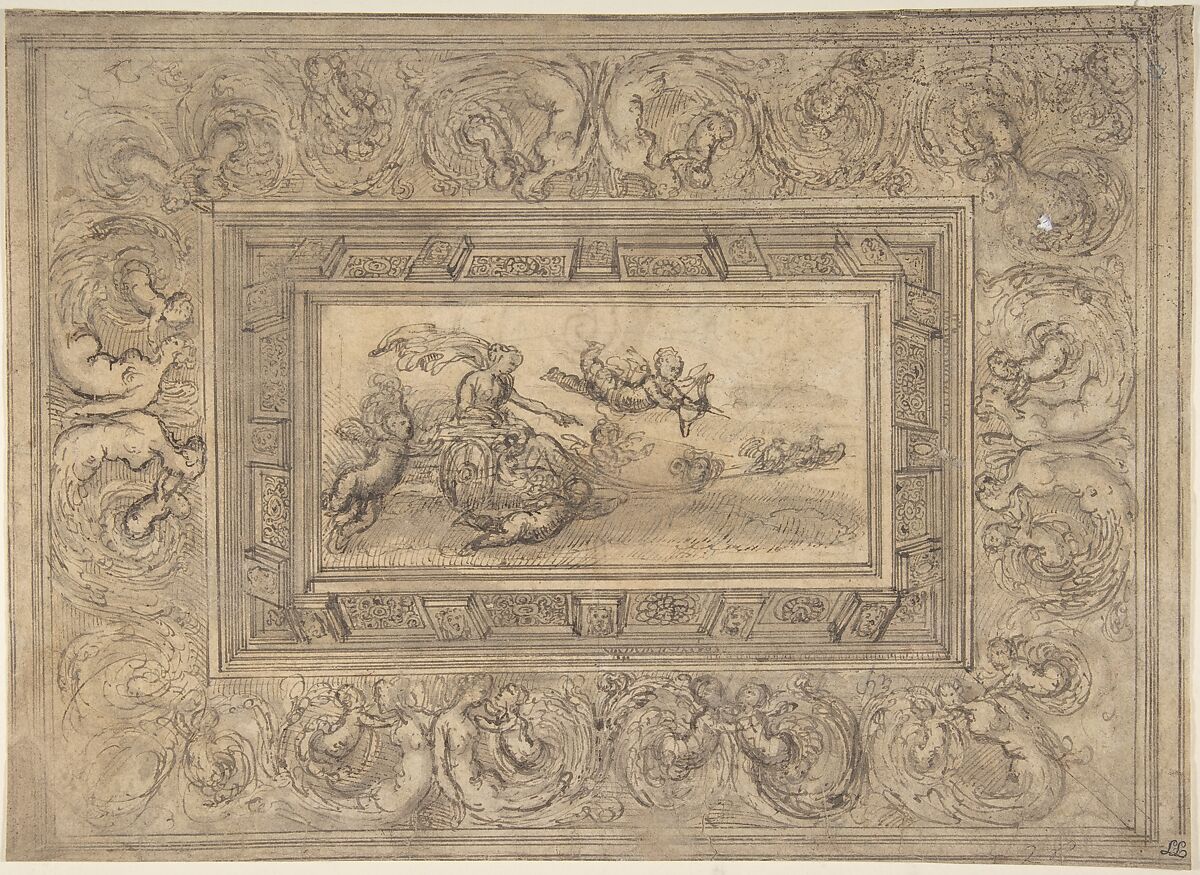 Design for a Ceiling with a Woman (Aurora?) in a Chariot and Putti (Recto). Design for an Ornamental Frieze (Verso)., Marco Angolo del Moro (Italian, Verona (?) ca. 1537–after 1586), Pen and brown ink, brush and wash over traces of black chalk or graphite (recto); pen and brown ink over red chalk (verso) 