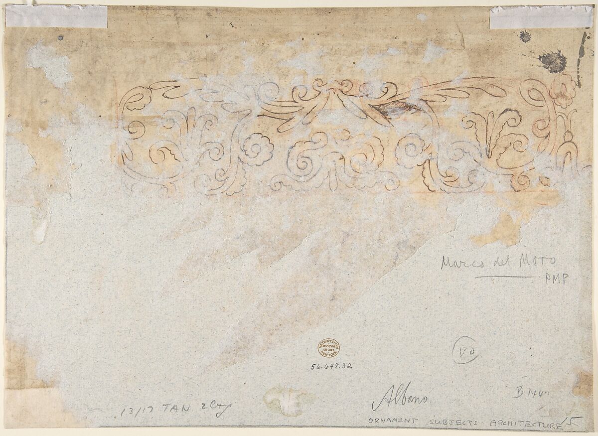 Design for a Ceiling with a Woman (Aurora?) in a Chariot and Putti (Recto). Design for an Ornamental Frieze (Verso)., Marco Angolo del Moro (Italian, Verona (?) ca. 1537–after 1586), Pen and brown ink, brush and wash over traces of black chalk or graphite (recto); pen and brown ink over red chalk (verso)
