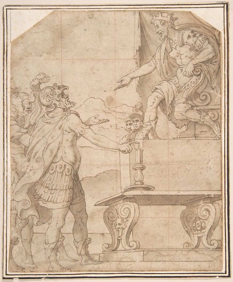 Mucius Scaevola Burning off his Hand before Porcenna, Anonymous, Italian, 16th century (Italian, active Central Italy, ca. 1550–1580), Pen and ink, brushed and washed, and squared 