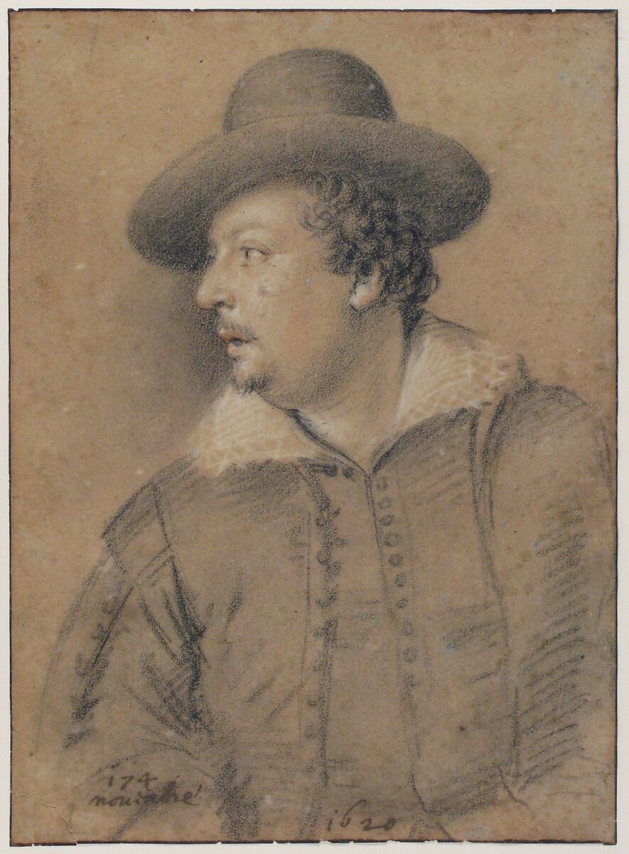 Portrait of Tommaso Salini, Ottavio Leoni (Il Padovano) (Italian, Rome 1578–1630 Rome), Black chalk and charcoal, red chalk, white chalk on brown paper (faded from blue?); framing lines in pen and brown ink