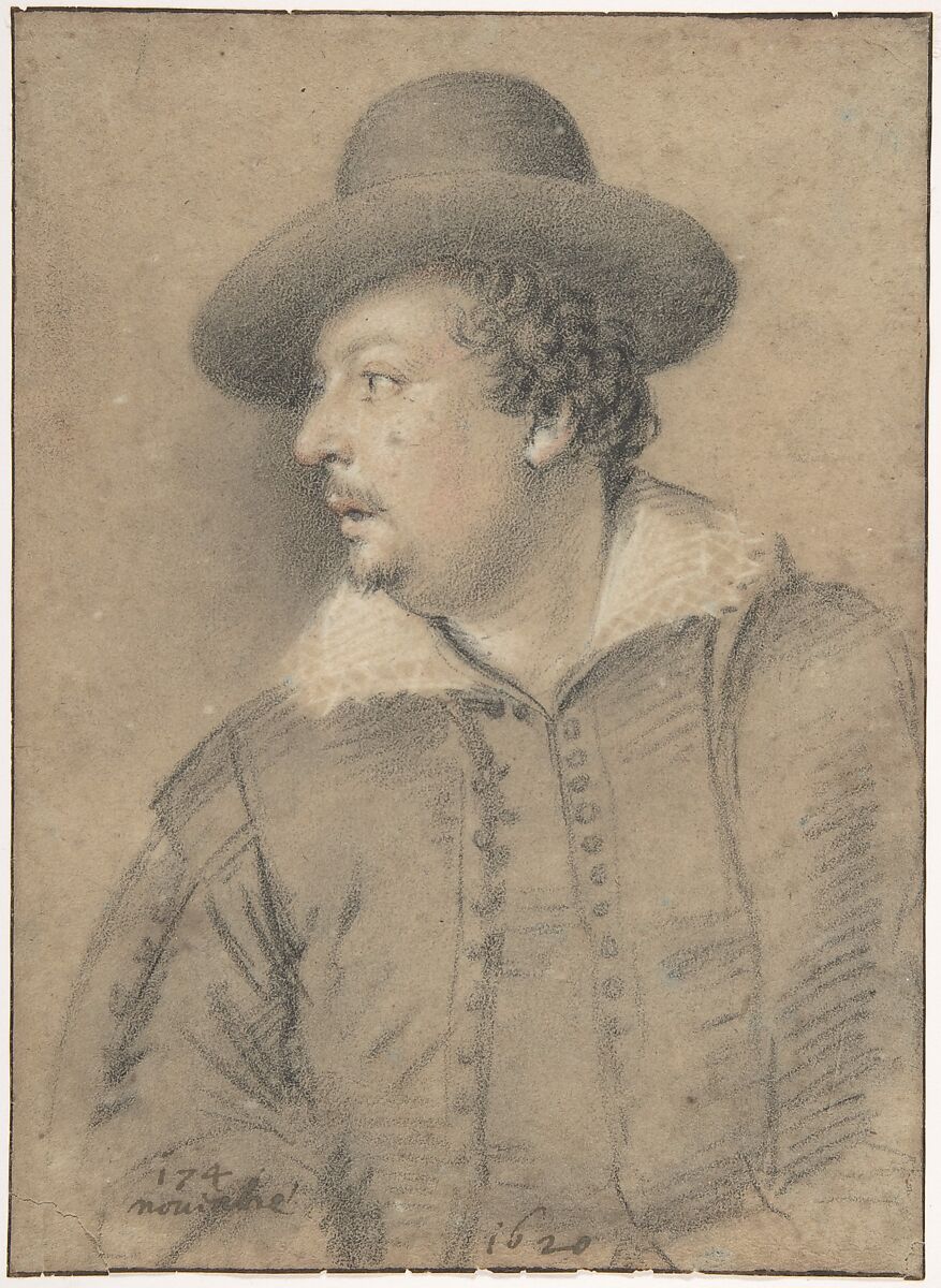 Portrait of Tommaso Salini (ca. 1578-1630), Ottavio Leoni (Il Padovano) (Italian, Rome 1578–1630 Rome), Black chalk and charcoal, red chalk, white chalk on brown paper (faded from blue?).  Framing lines in pen and brown ink 