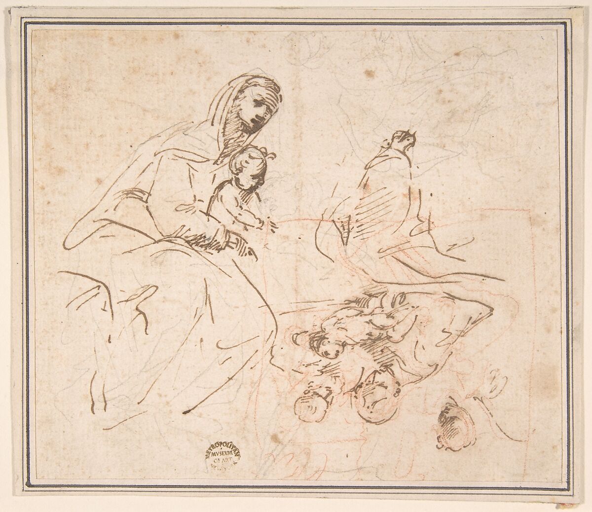 Two Studies for the Madonna and Child (recto); Flagellation (verso), Anonymous, Italian, 16th century (Italian, active Central Italy, ca. 1550–1580), Pen and ink, one sketched in red 
