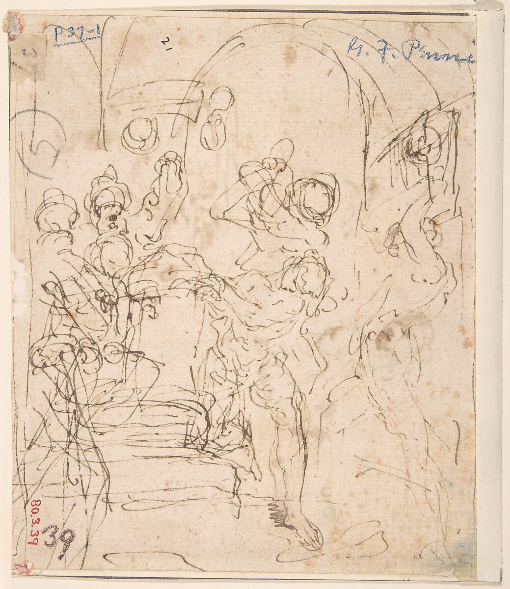 Two Studies for the Madonna and Child (recto); Flagellation (verso), Anonymous, Italian, 16th century (Italian, active Central Italy, ca. 1550–1580), Pen and ink, one sketched in red
