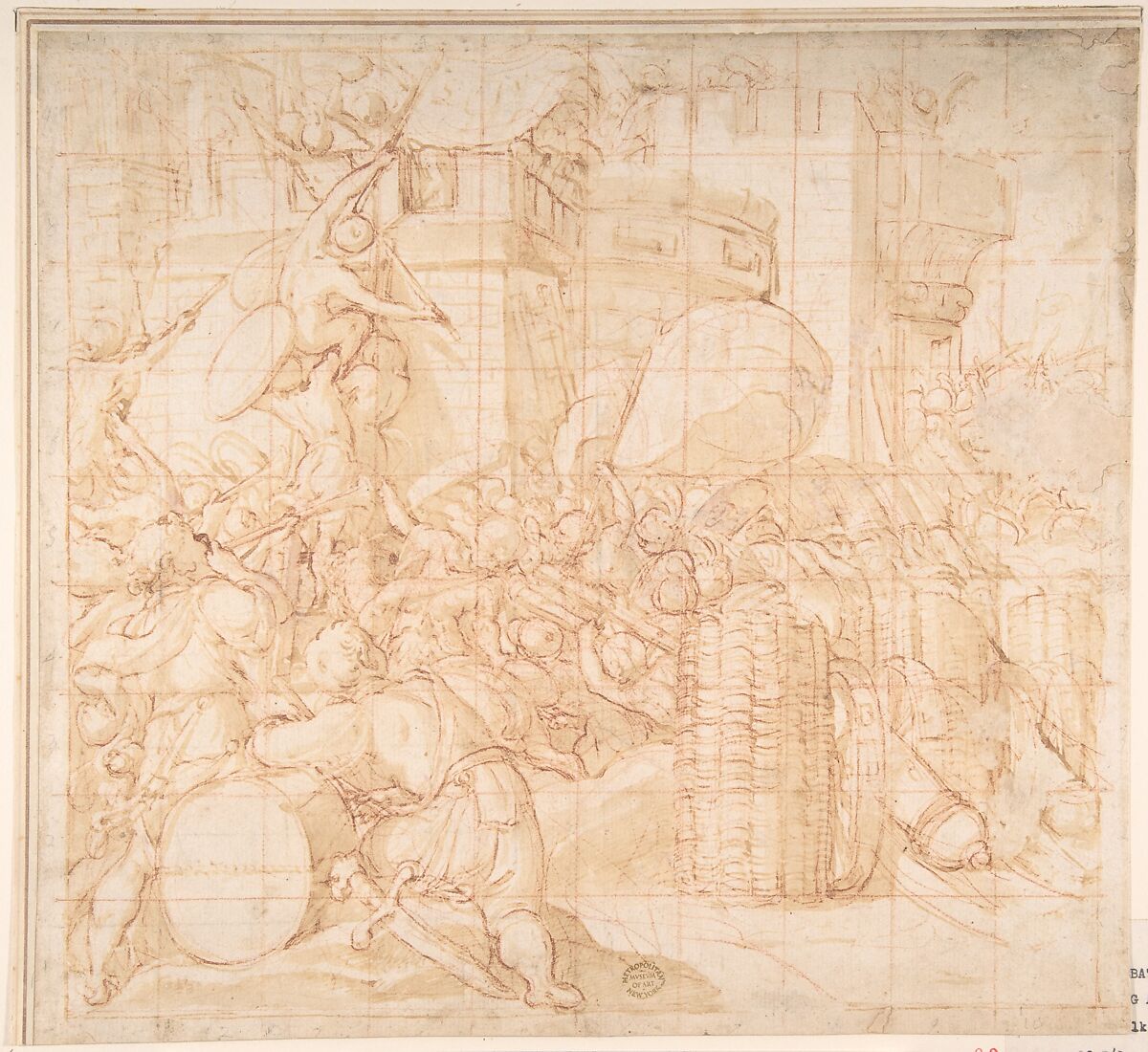 Storming a City, Anonymous, Italian, 16th century (Italian, active Central Italy, ca. 1550–1580), Red chalk washed with ink; squared in red chalk 