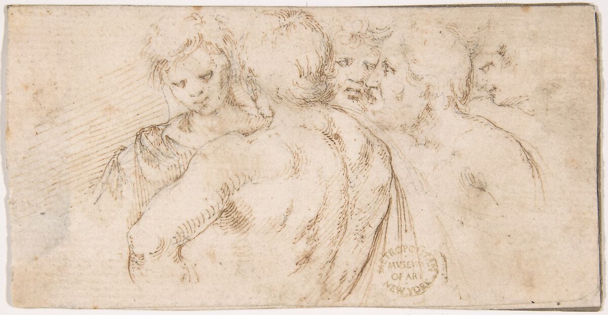Group of Five Male Figures in Half-length, Stefano della Bella (Italian, Florence 1610–1664 Florence), Pen and brown ink, over black chalk; glued onto secondary paper support 