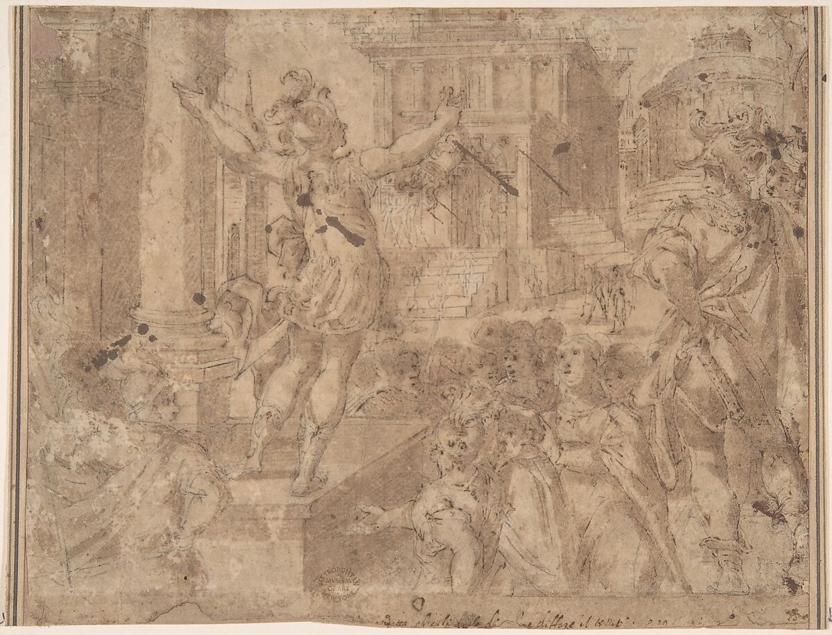 Young Soldier Showing a Head to the Populace (David?), Anonymous, Italian, 16th century (Italian, active Central Italy, ca. 1550–1580), Pen and ink, brush and wash 
