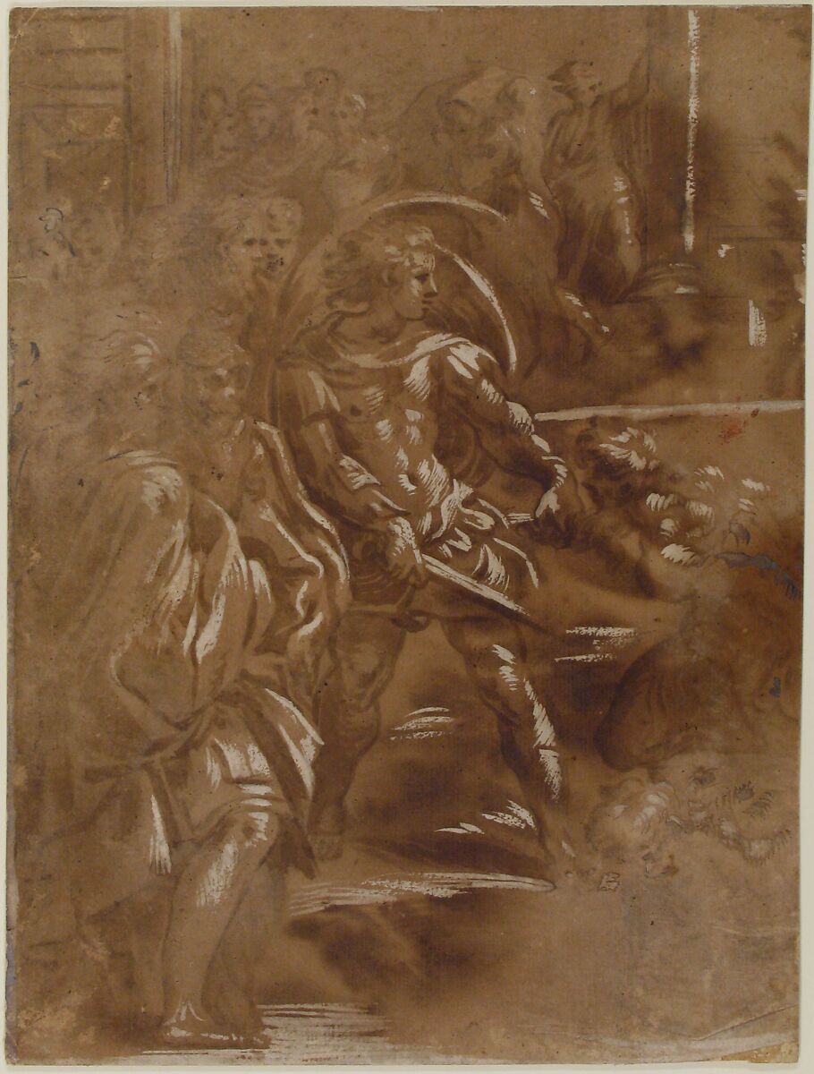 Left Third of a Martyrdom of Saint Peter and Saint Paul, After Antonio da Trento (Italian, Trento 1520–1550 Bologna), Pen and brown ink, brush and brown wash, highlighted with white gouache over traces of chalk