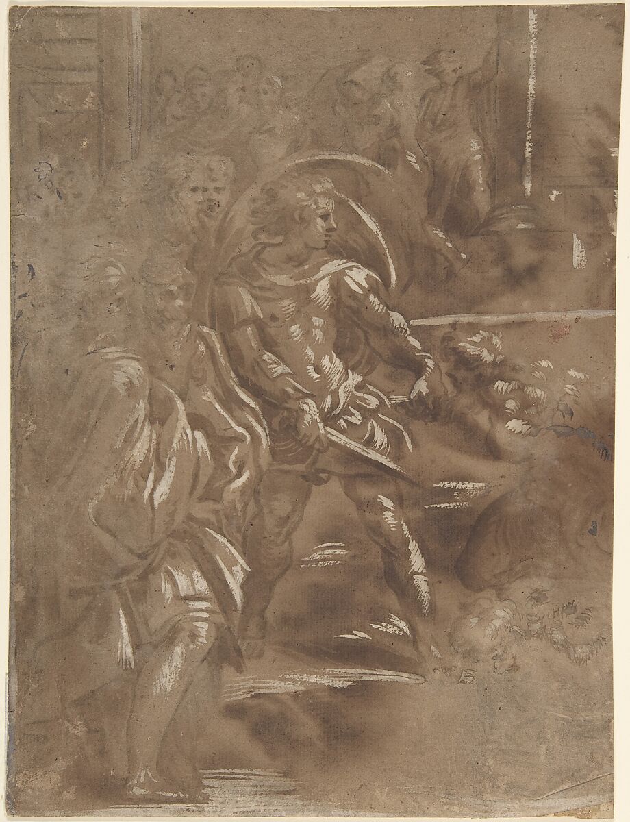Left Third of a Martyrdom of Saint Peter and Saint Paul., After Antonio da Trento (Italian, Trento 1520–1550 Bologna), Pen and brown ink, brush and brown wash, highlighted with white gouache over traces of chalk 
