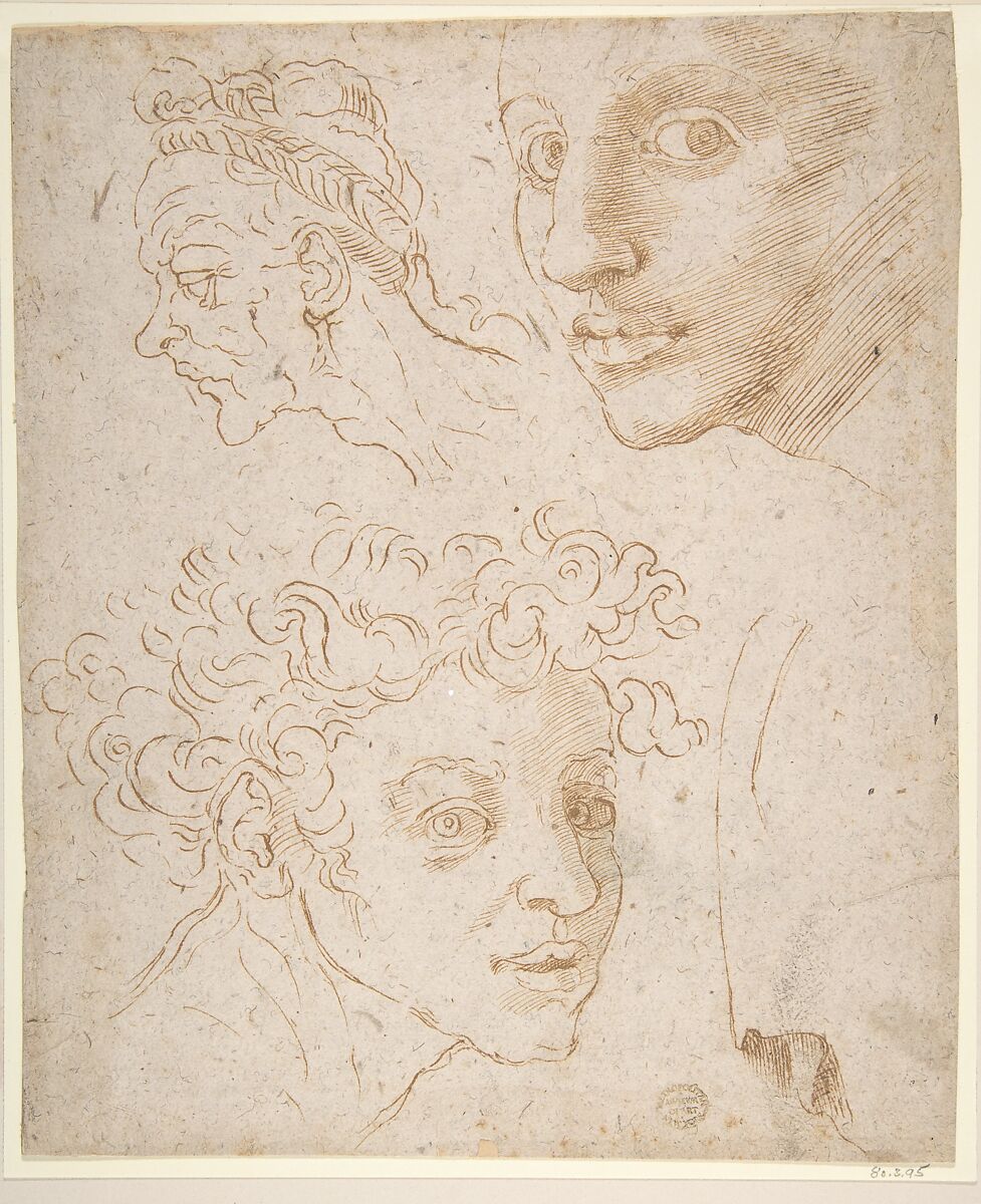 Three Heads after Michelangelo's Frescoes in the Sistine Chapel, Anonymous, Italian, 16th century (Italian, active Central Italy, ca. 1550–1580), Pen and brown ink 