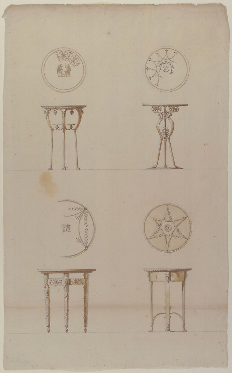 Designs for Four Decorated Tables., Antonio Asprucci (Italian, Rome 1723–1808 Rome), Graphite with brush and brown wash