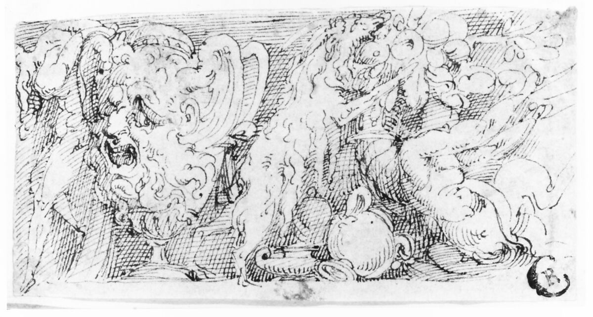 Design for a Frieze with a Grotesque Vase and Festoon with a Ram and Putto., Anonymous, Italian, 16th to early 17th century, Pen and brown ink