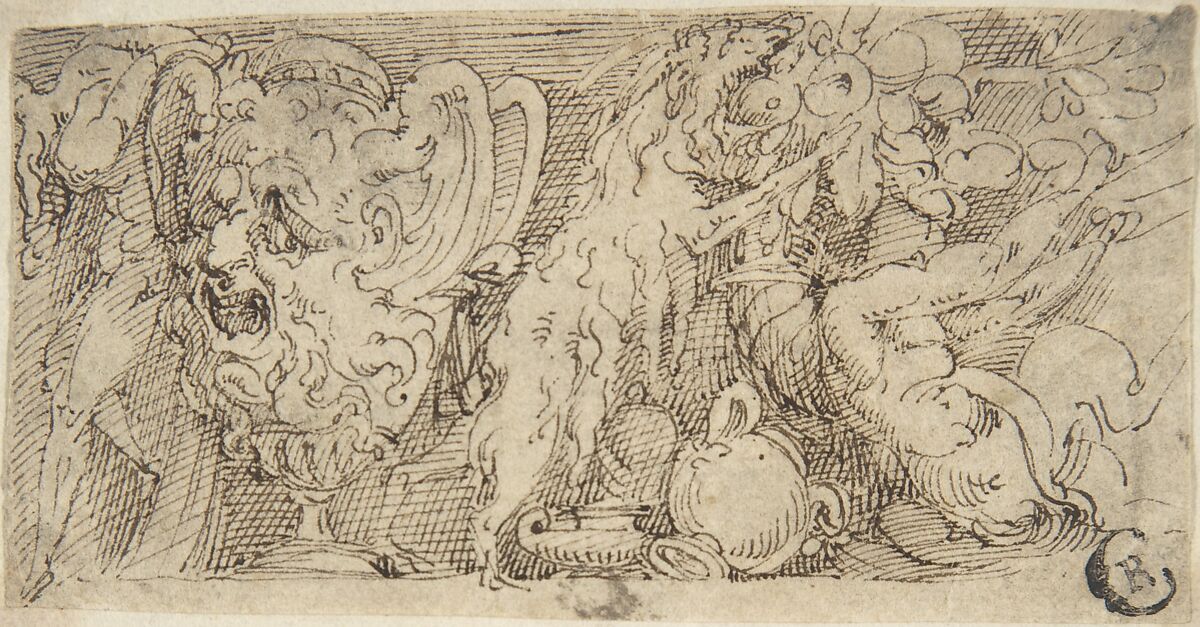Design for a Frieze with a Grotesque Vase and Festoon with a Ram and Putto., Anonymous, Italian, 16th to early 17th century, Pen and brown ink 