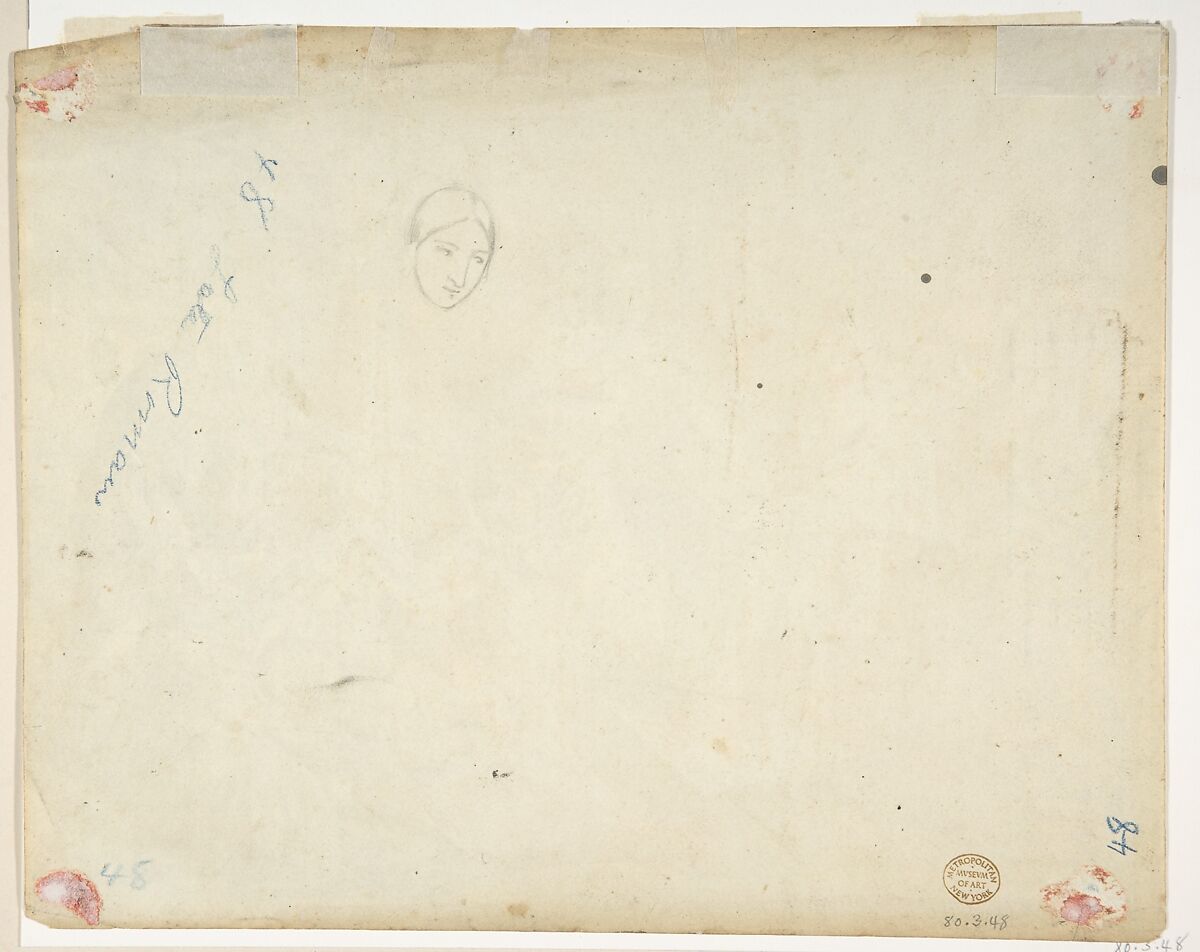 Scene with the Presentation of a Saint's Relic (recto); Head of a Woman (verso), Anonymous, Italian, 19th century, Brush and gray wash and white gouache over graphite (recto); graphite (verso)