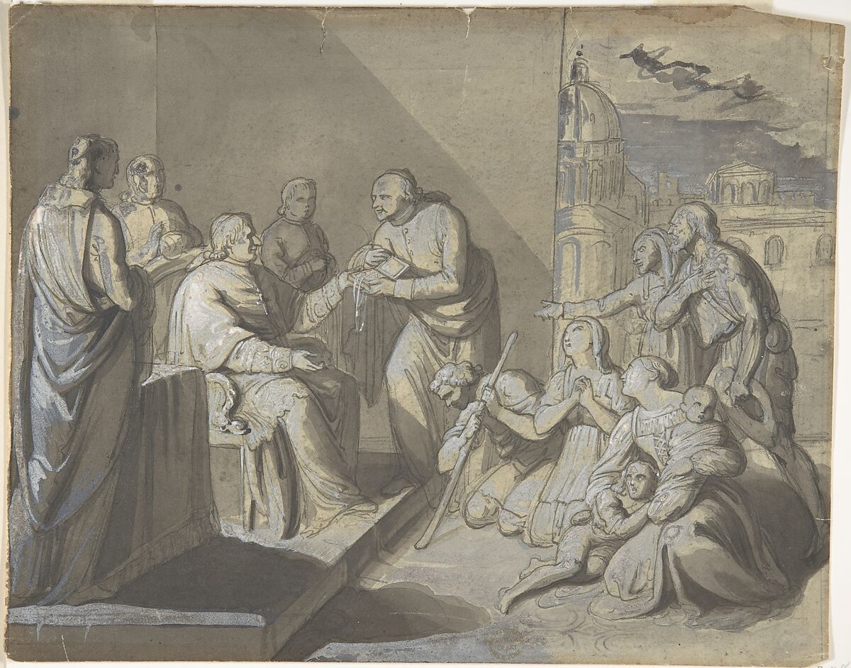 Scene with the Presentation of a Saint's Relic (recto); Head of a Woman (verso), Anonymous, Italian, 19th century, Brush and gray wash and white gouache over graphite (recto); graphite (verso) 