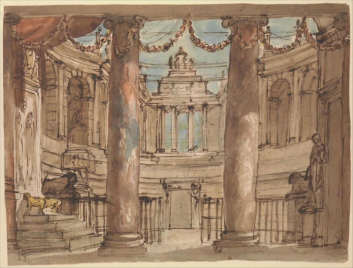 Design for a Stage Set, Giuseppe Barberi (Italian, Rome 1746–1809 Rome), Pen and brown ink, brush with brown, red and blue wash 