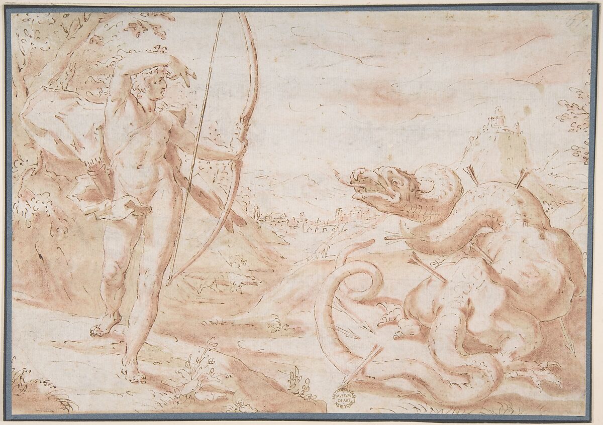 Apollo Slaying the Python, Anonymous, 17th century ?, Pen and brown ink, brush and brown wash with pink 