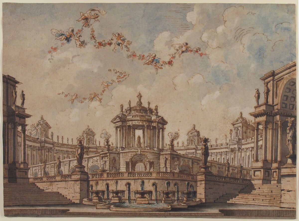 Design for a Stage Set: Semi-Circular Colonnaded Building, a Bridge Surmounted by a Tempietto, a Fountain in the Foreground and Putti Bearing Garlands., Antonio Basoli (Italian, Castel Guelfo di Bologna 1774–1843 Bologna), Pen and brown ink, brush with brown, blue, rose and gray wash, over traces of graphite