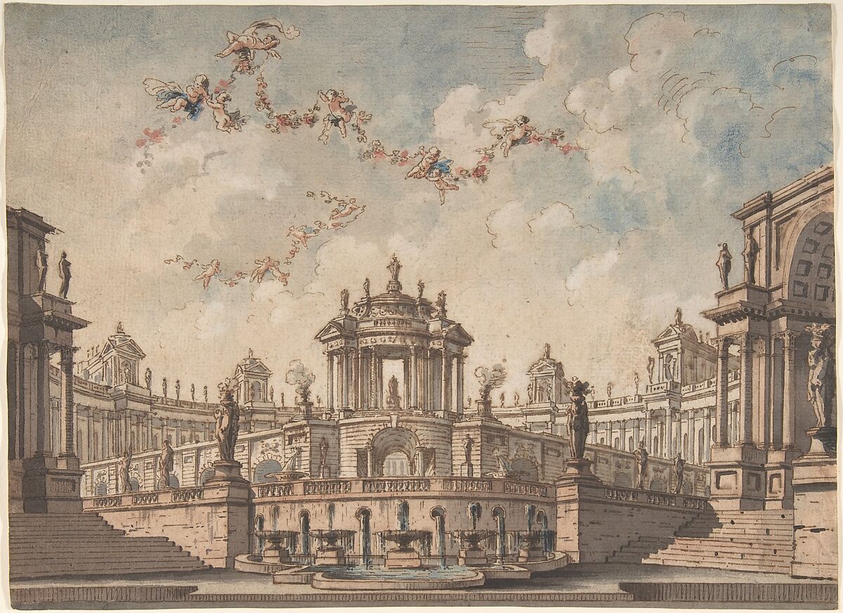 Design for a Stage Set: Semi-Circular Colonnaded Building, a Bridge Surmounted by a Tempietto, a Fountain in the Foreground and Putti Bearing Garlands., Antonio Basoli (Italian, Castel Guelfo di Bologna 1774–1843 Bologna), Pen and brown ink, brush with brown, blue, rose and gray wash, over traces of graphite 