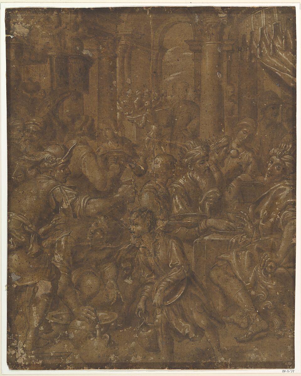 The Banquet of Ahasuerus and Esther, Aurelio Lomi (Italian, Pisa 1556–1622 Genoa (?)), Pen and brown ink, brush and brown wash, on brown paper touched with white 
