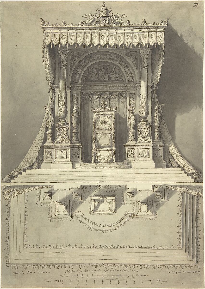 Elevation and Ground Plan for a Papal Throne, Antonio Basoli (Italian, Castel Guelfo di Bologna 1774–1843 Bologna), Pen and brown ink, brush and gray wash, over graphite 