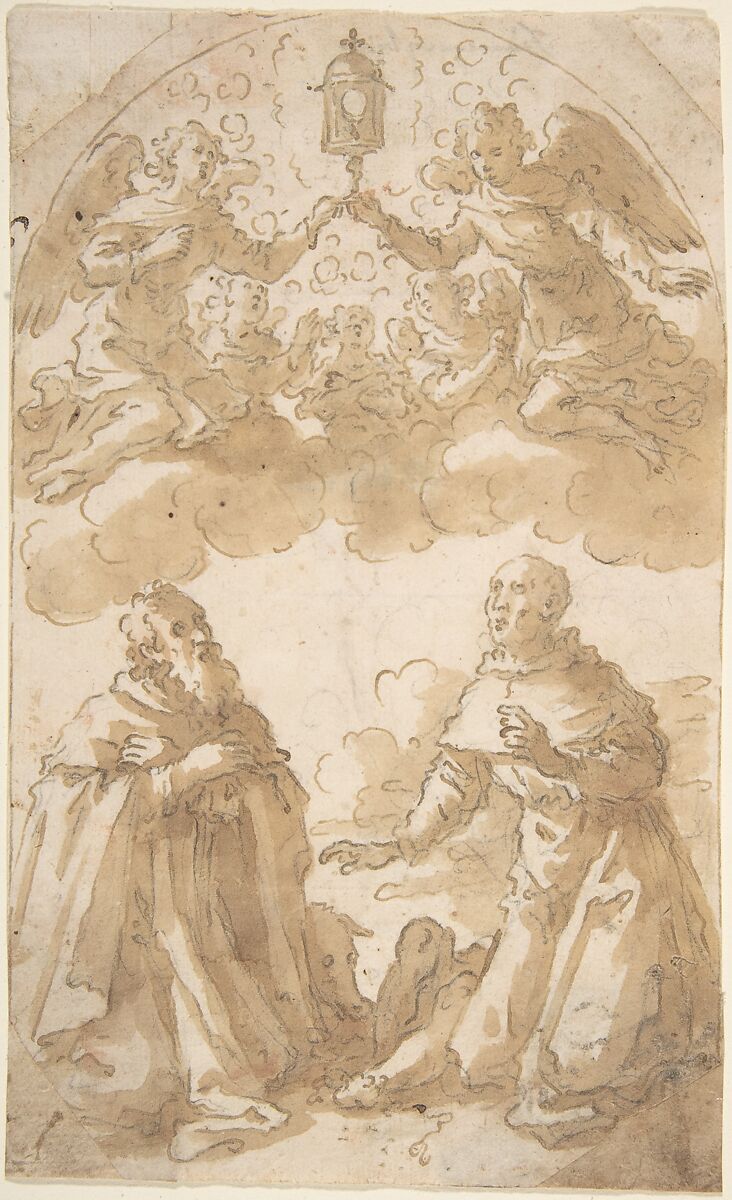 Two Male Saints Kneeling with Angels Holding a Reliquary., Marcantonio Bassetti (Italian, Verona 1586–1630 Verona), Pen and brown ink, brush and brown wash over traces of black chalk or graphite 