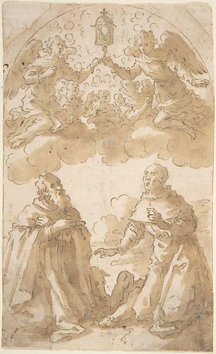 Two Male Saints Kneeling with Angels Holding a Reliquary