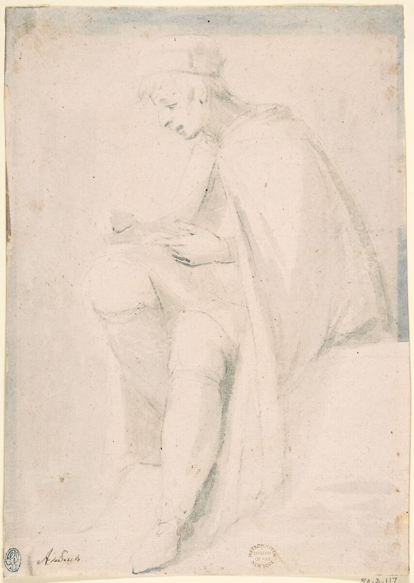 Man Seated, Writing on His Knee, Anonymous, Italian, 16th century (Italian, active Central Italy, ca. 1550–1580), Pen and ink, brush and blue gray wash 