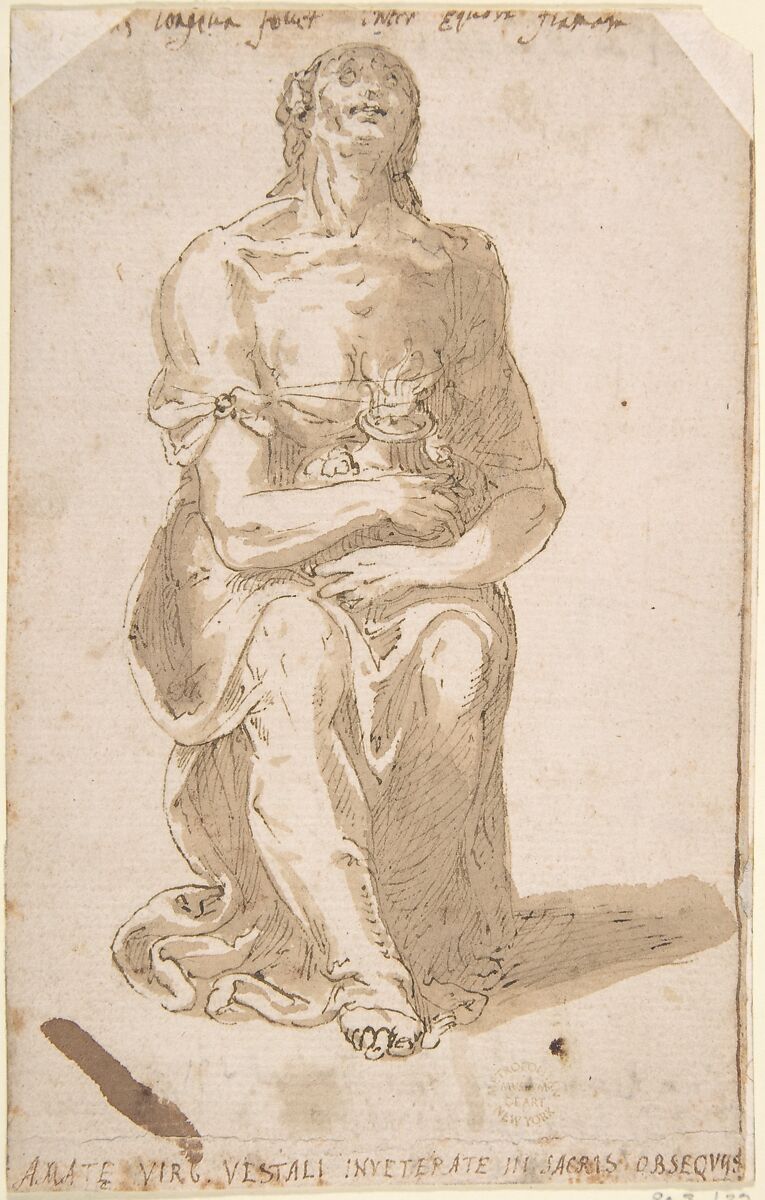 Vestal Virgin, Giovanni Guerra (Italian, Modena 1544–1618 Rome), Pen and brown ink, brush and brown wash, on white paper 