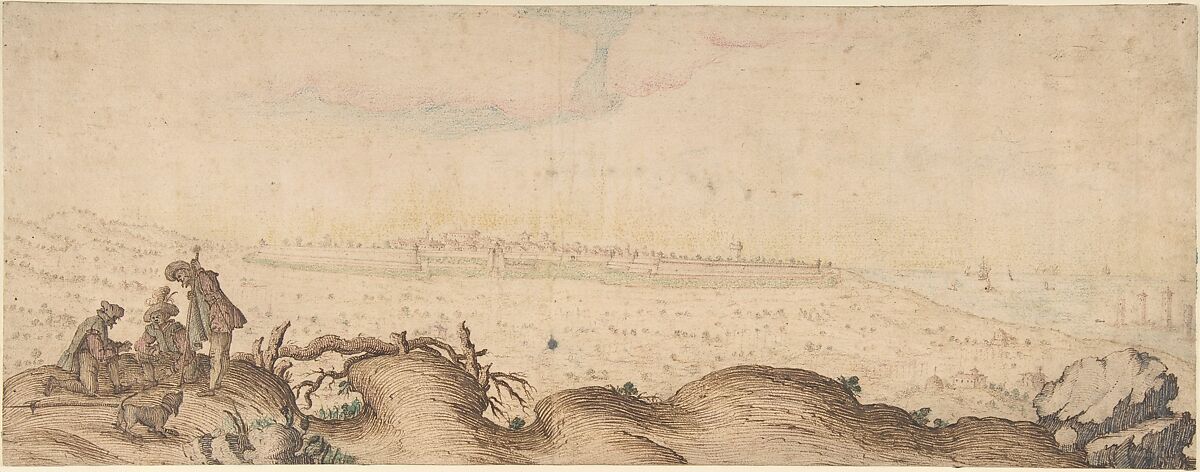 Three Men and a Dog on a Hill, Attributed to Ercole Bazicaluva (Italian, born Pisa (?), ca. 1600, active Florence ca. 1638), Pen and crayon 