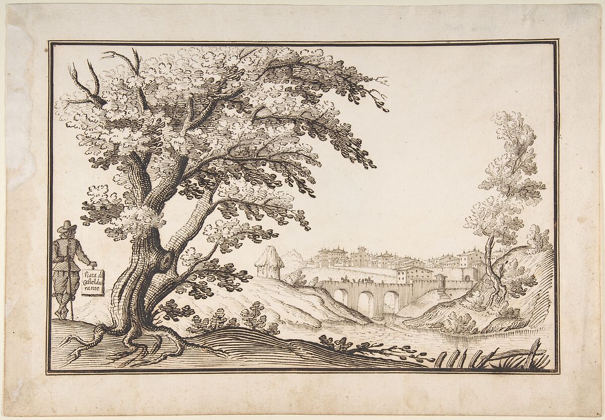 Framed Landscape with a View of Castel Durante with a Figure Holding an Inscribed Plaque in the Foreground, Attributed to Ercole Bazicaluva (Italian, born Pisa (?), ca. 1600, active Florence ca. 1638), Pen and dark brown ink 