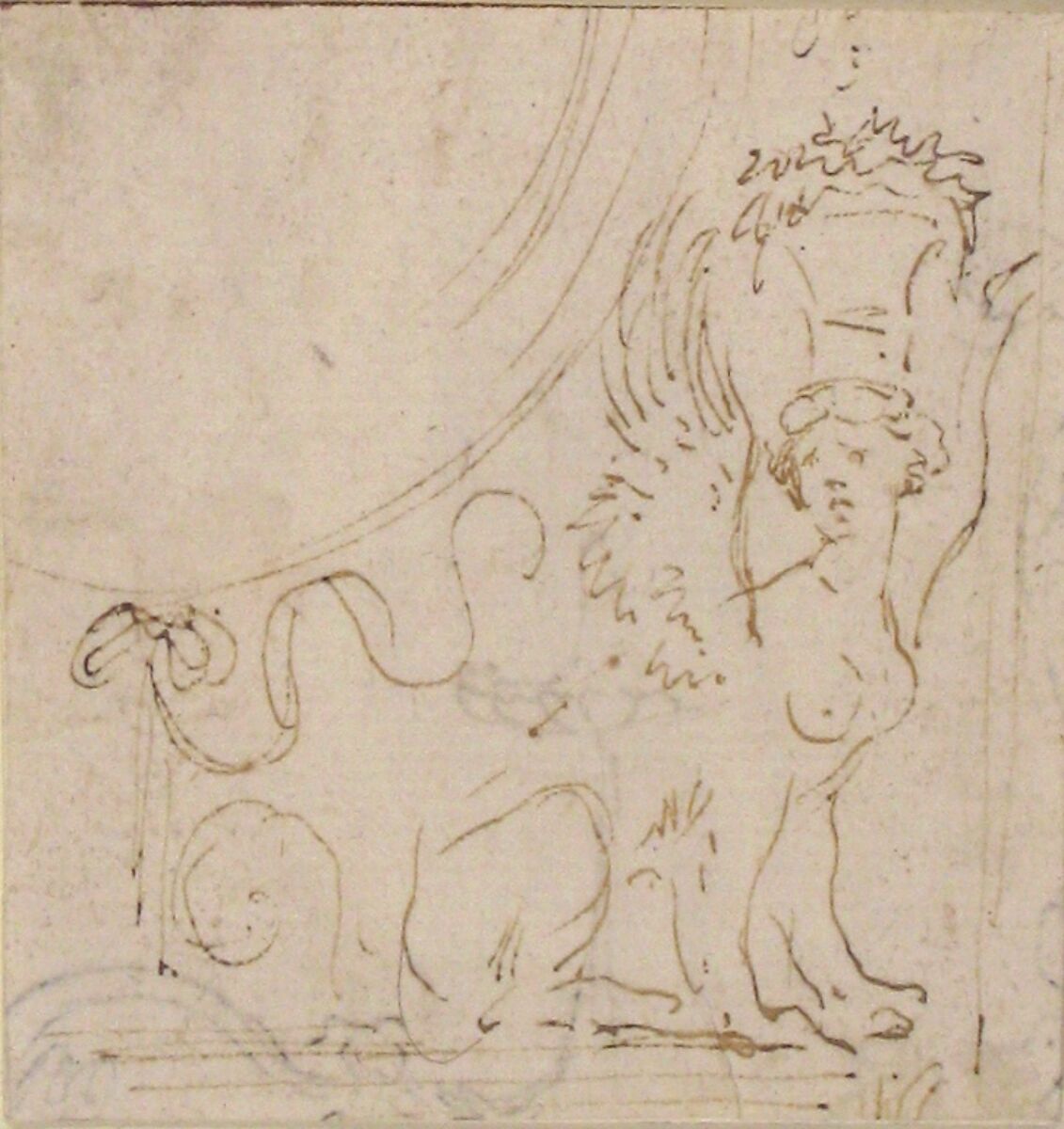 Ornamental Design with a Sphinx Bearing a Vessel on Her Head., Stefano della Bella (Italian, Florence 1610–1664 Florence), Pen and light brown ink; traces of a sketch in graphite