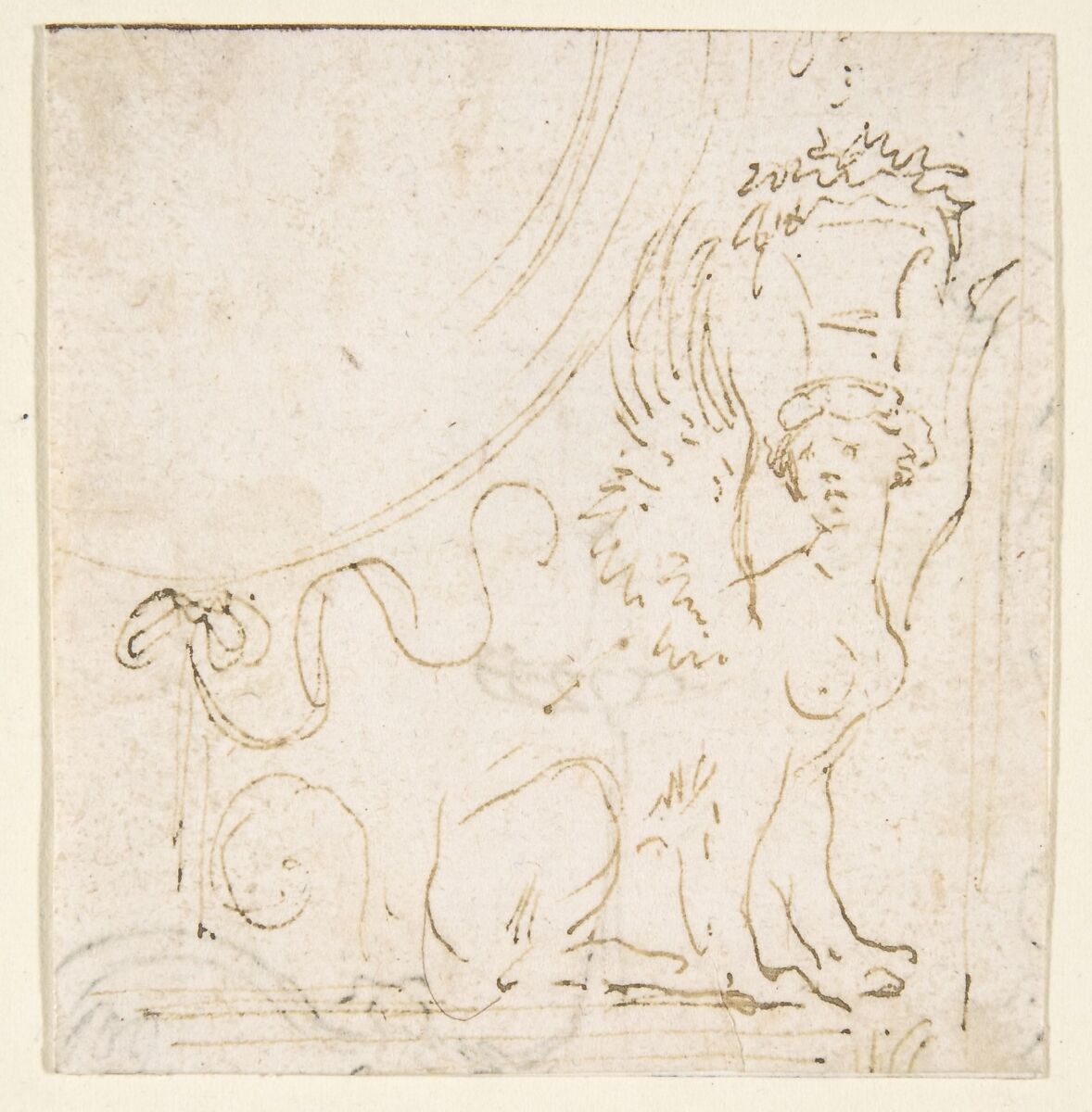Ornamental Design with a Sphinx Bearing a Vessel on Her Head., Stefano della Bella (Italian, Florence 1610–1664 Florence), Pen and light brown ink; traces of a sketch in graphite 