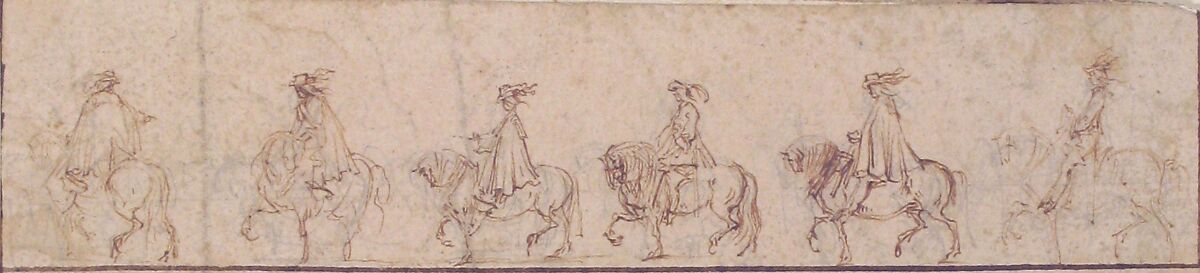 Procession of Six Horsemen in Profile View Facing Left, Stefano della Bella (Italian, Florence 1610–1664 Florence), Pen and brown ink over traces of graphite; traces of framing lines in pen and brown ink