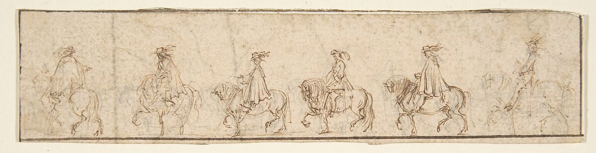 Procession of Six Horsemen in Profile View Facing Left, Stefano della Bella (Italian, Florence 1610–1664 Florence), Pen and brown ink over traces of graphite; traces of framing lines in pen and brown ink 