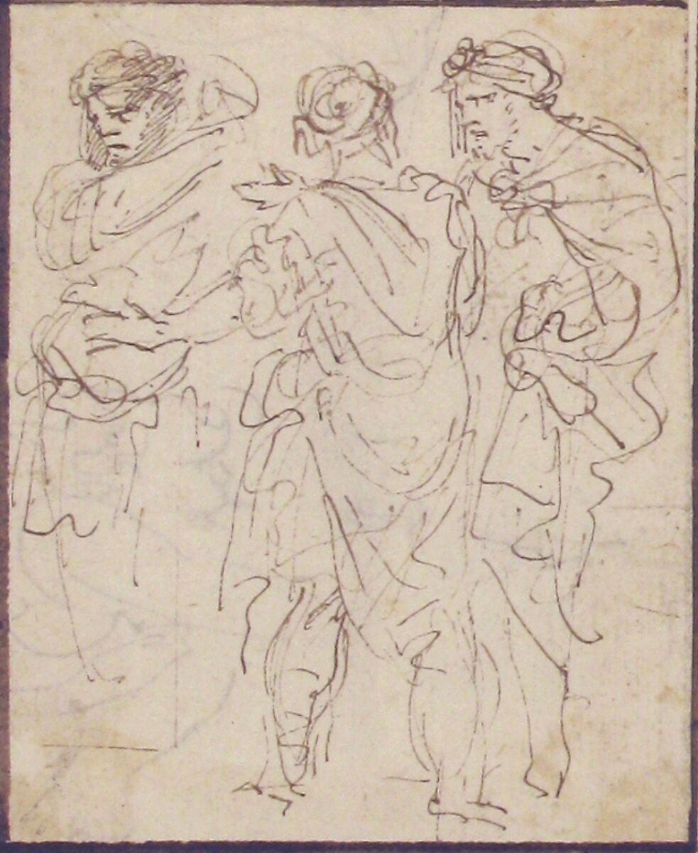 Three Standing Figures in Antique Costume, Stefano della Bella (Italian, Florence 1610–1664 Florence), Pen and brown ink; framing lines in dark brown ink