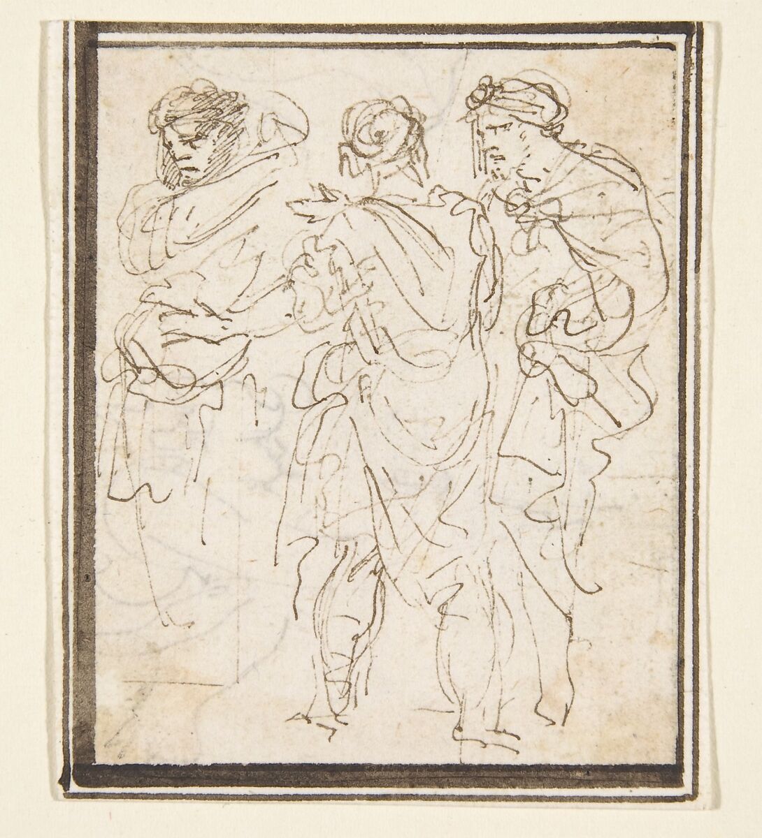 Three Standing Figures in Antique Costume, Stefano della Bella (Italian, Florence 1610–1664 Florence), Pen and brown ink; framing lines in dark brown ink 