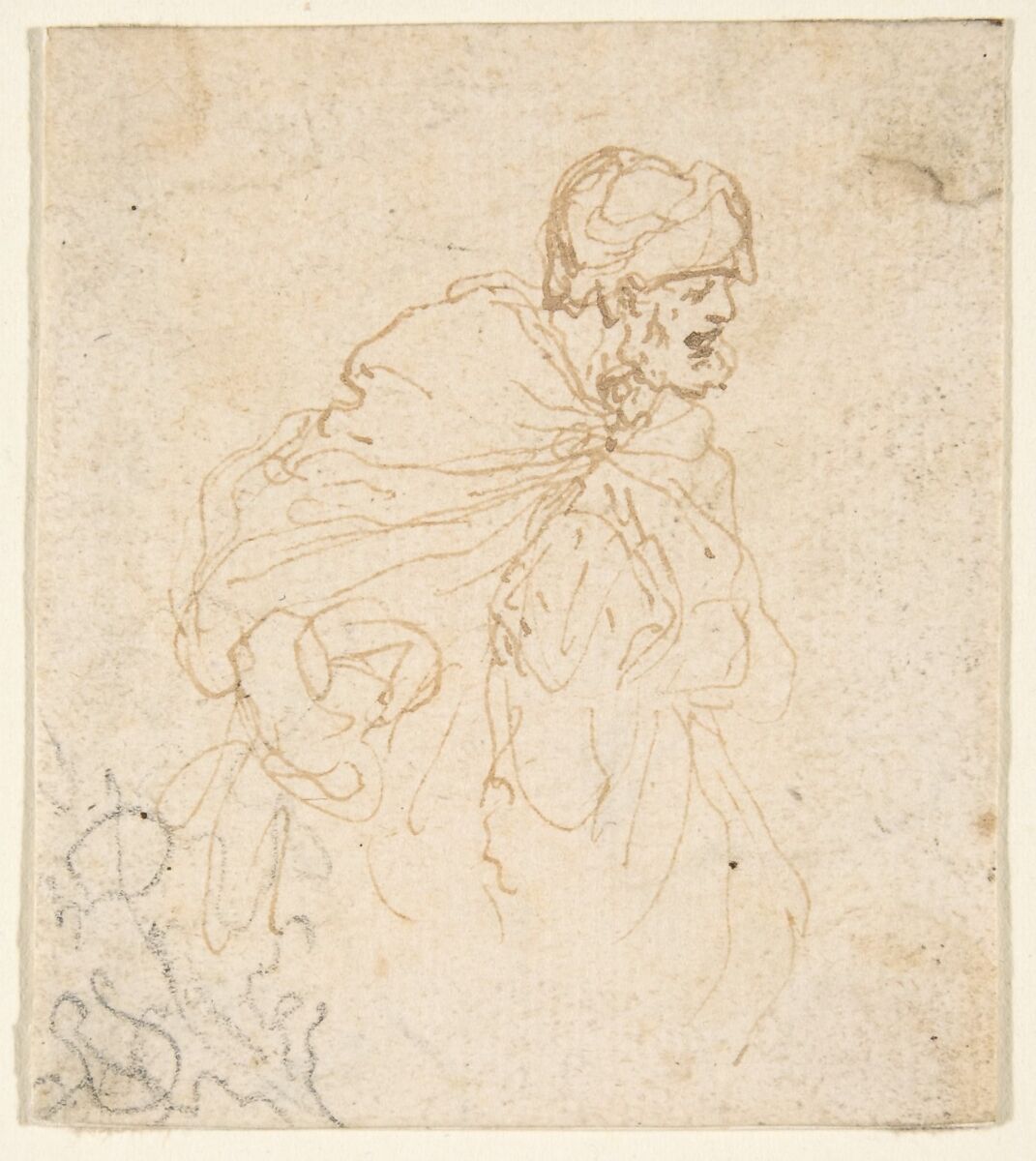 A Bearded Man in a Cloak and Turban Facing Right., Stefano della Bella (Italian, Florence 1610–1664 Florence), Pen and light brown ink; a few strokes in graphite at lower left corner 