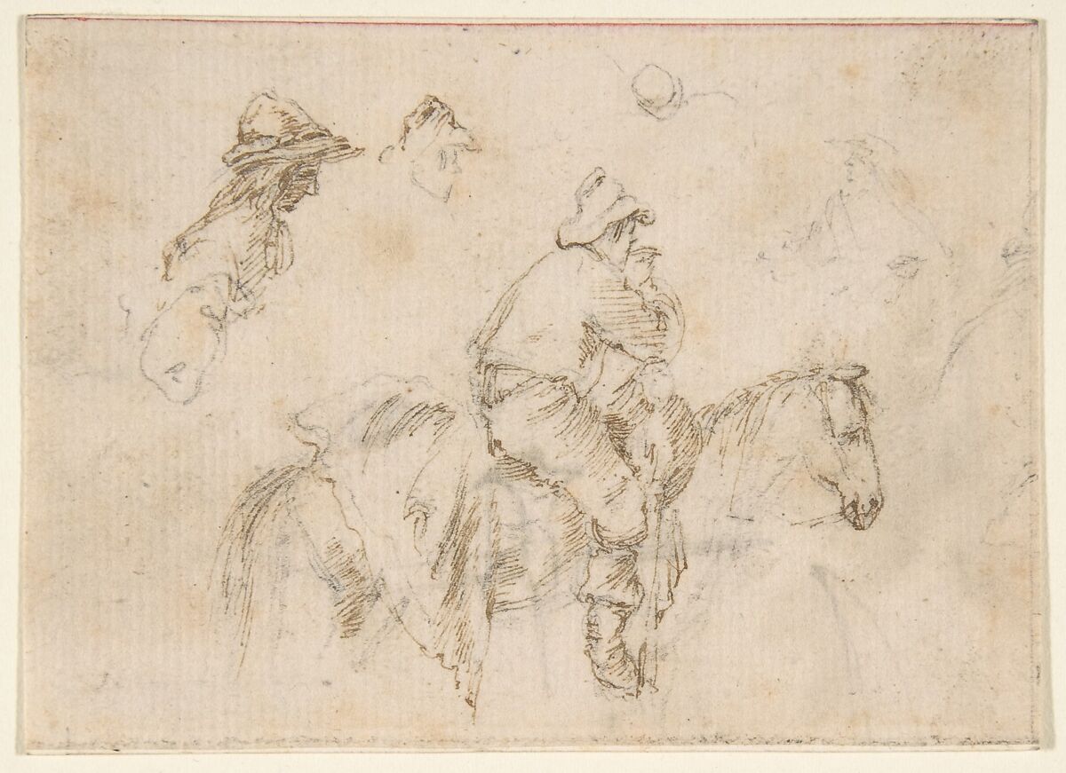 A Peasant on Horseback seen in Profile Facing Right; Two Studies of the Same Man's Head., Stefano della Bella (Italian, Florence 1610–1664 Florence), Pen and brown ink; traces of sketches in graphite 