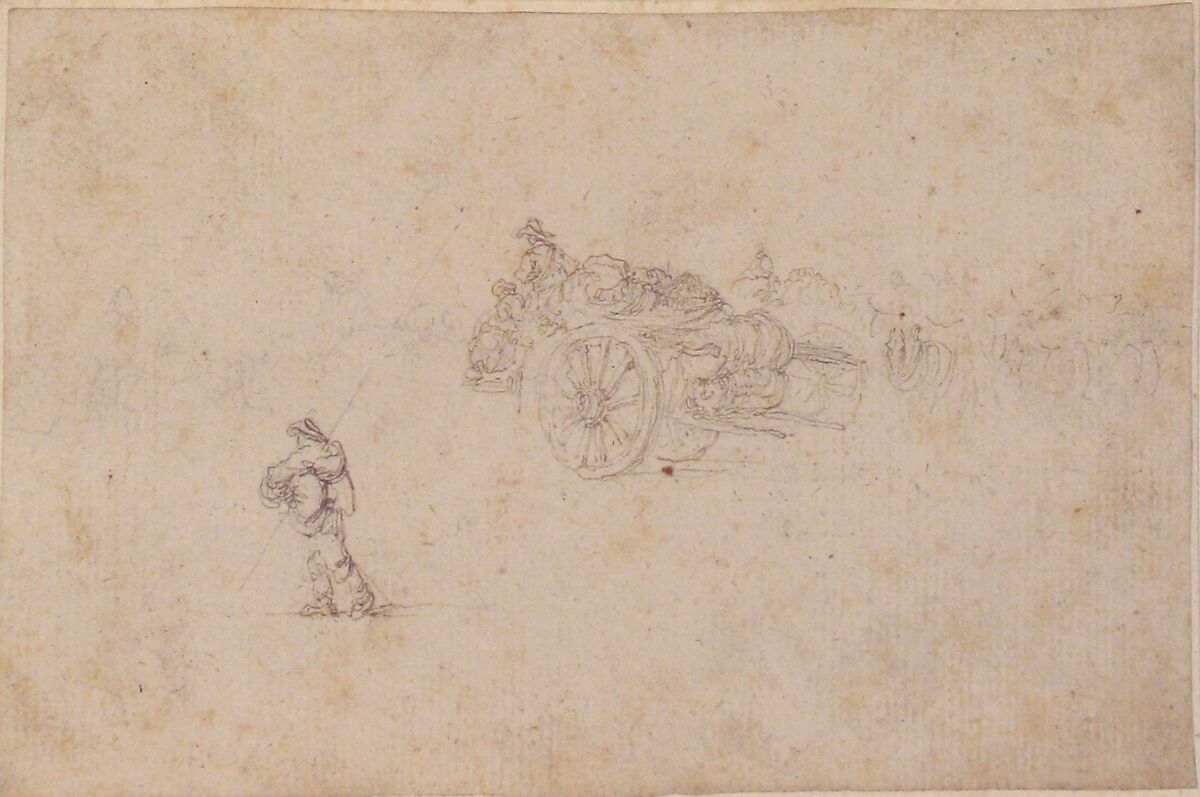 A Loaded Wagon and Several Human Figures., Stefano della Bella (Italian, Florence 1610–1664 Florence), Pen and brown ink over traces of graphite, light sketch in graphite in the background