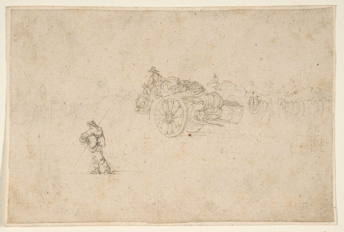 A Loaded Wagon and Several Human Figures., Stefano della Bella (Italian, Florence 1610–1664 Florence), Pen and brown ink over traces of graphite, light sketch in graphite in the background 