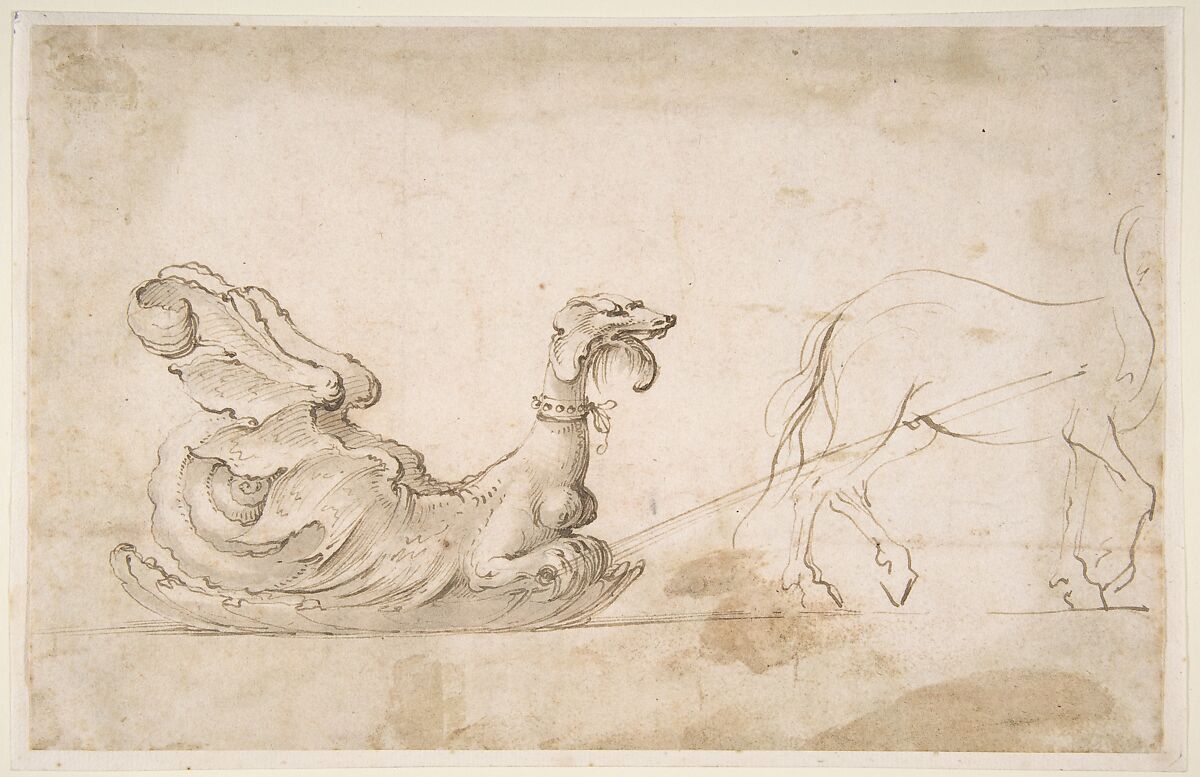 Design for A Sleigh in the Form of a Griffin, Drawn by a Horse., Stefano della Bella (Italian, Florence 1610–1664 Florence), Pen and brown ink, brush and gray-brown wash 