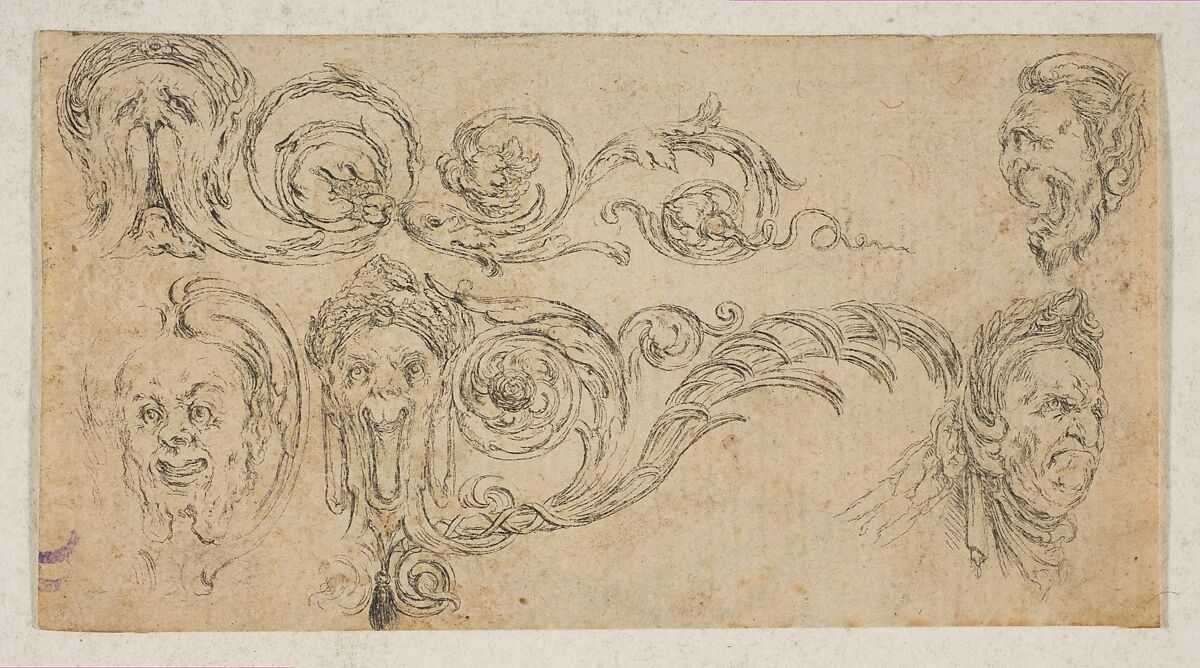 Plate 4: five grotesque heads, from 'Friezes, foliage, and grotesques' (Frises, feuillages et grotesques), Stefano della Bella (Italian, Florence 1610–1664 Florence), Etching 