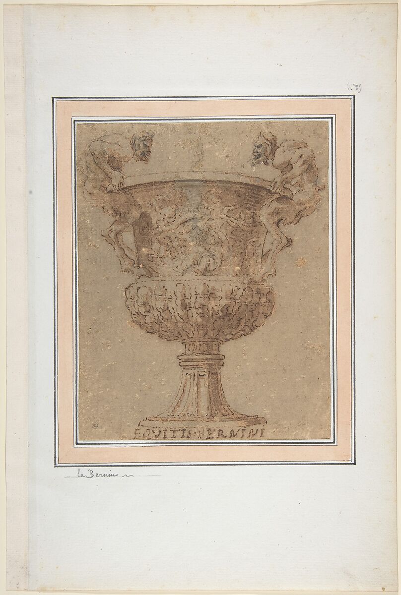 Design for an Urn with Satyrs for Handles, Anonymous, Italian, 17th century, Pen and brown ink, brush and brown wash over traces of graphite; additions in gray wash by a restorer 