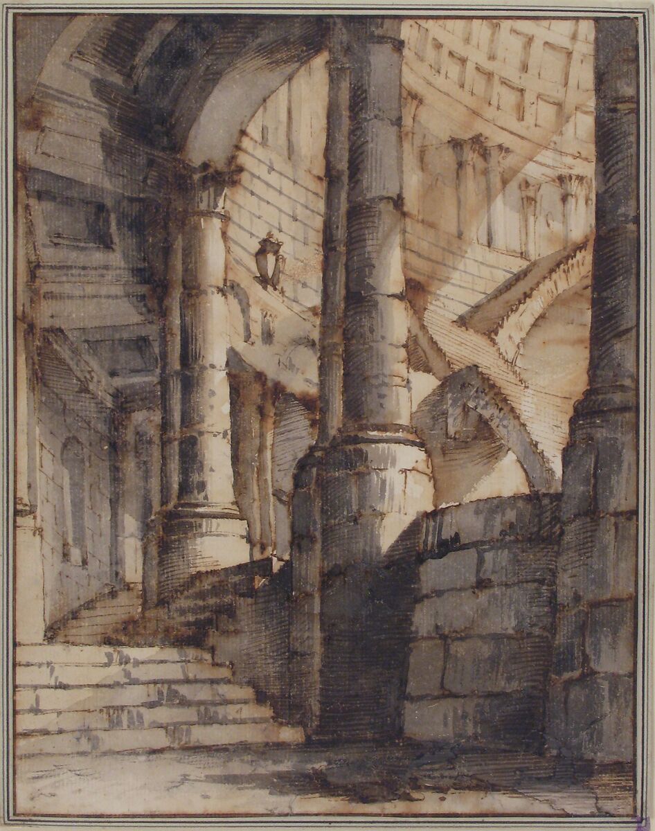 Framed Design for a Stage Set, Attributed to Mauro Berti (Italian, Bologna 1772–1842 Bologna), Pen and brown ink, brush and gray and brown wash, over graphite
