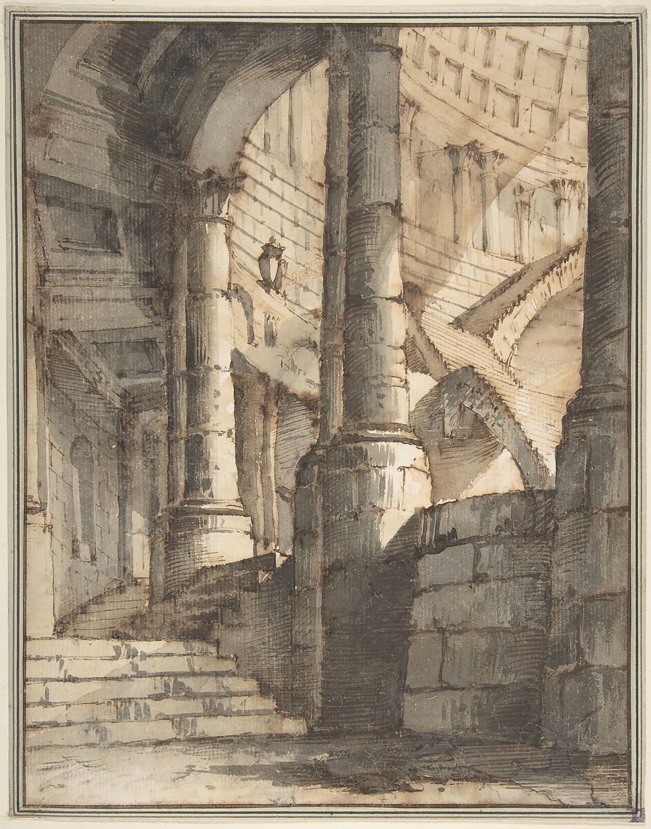 Framed Design for a Stage Set, Attributed to Mauro Berti (Italian, Bologna 1772–1842 Bologna), Pen and brown ink, brush with gray and brown wash over traces of graphite 