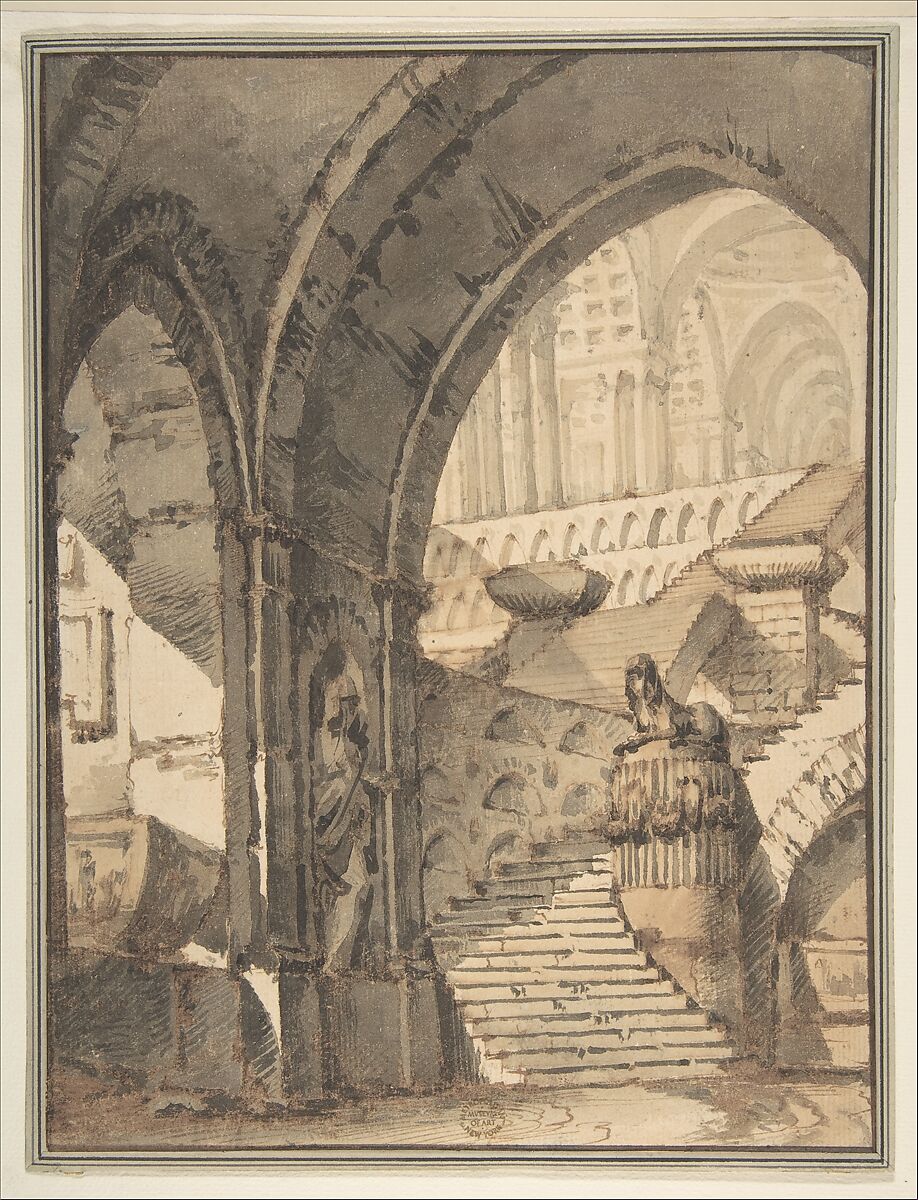 Framed Design for a Stage Set with Arches, Stairs, Human Figure and Sphinx Statue., Mauro Berti  Italian, Pen and brown ink, brush with brown and gray wash